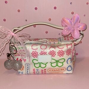 Coach Pink and Green Floral Shoulder Bag with Charms